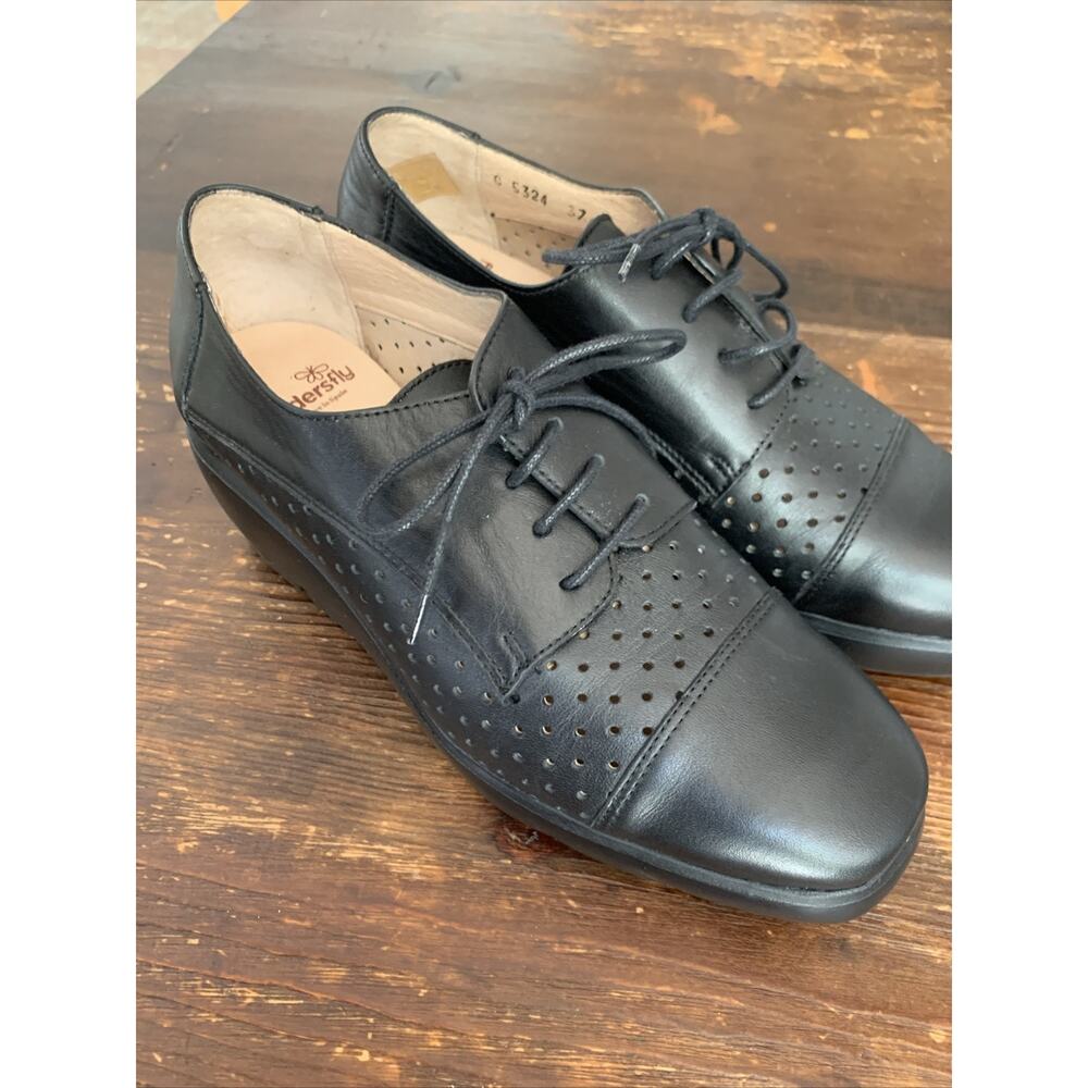 Wondersfly‎ Black Leather Perforated Platform Wedge Oxford Shoes C 5324 Size 37